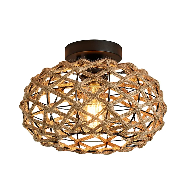 

Boho Semi Flush Mount Ceiling Light Woven Hemp Rope Cage Rattan Wicker Retro Rustic Light Fixture for Bedroom Chandeliers