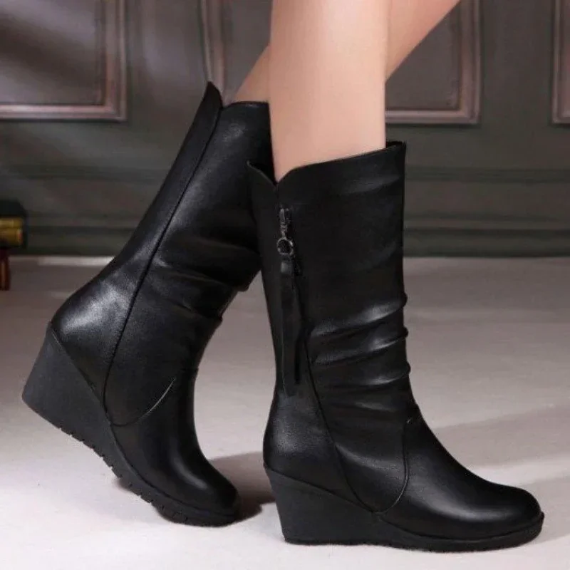 Women Wedges Leather Boots Round Head Mid-calf Boots Side Zipper Walking Shoes Non-slip Thick Sole High Heels Botas Para Mujeres