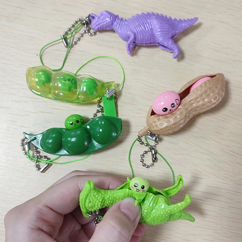 Decompression Squeeze Dinosaur caterpillar Pea Bean Peanut Anti-stress Fidget Toy With Key Chain Pendant Stress Relieve Toy 1Pcs