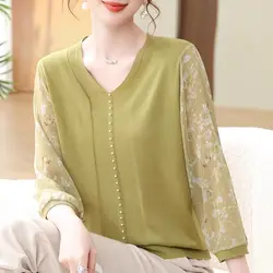 Young Mom's New Western Style Yarn Sleeve Knitted Small Shirt for Middle Aged and Elderly Women in Summer Thin Sleeve T-shirt