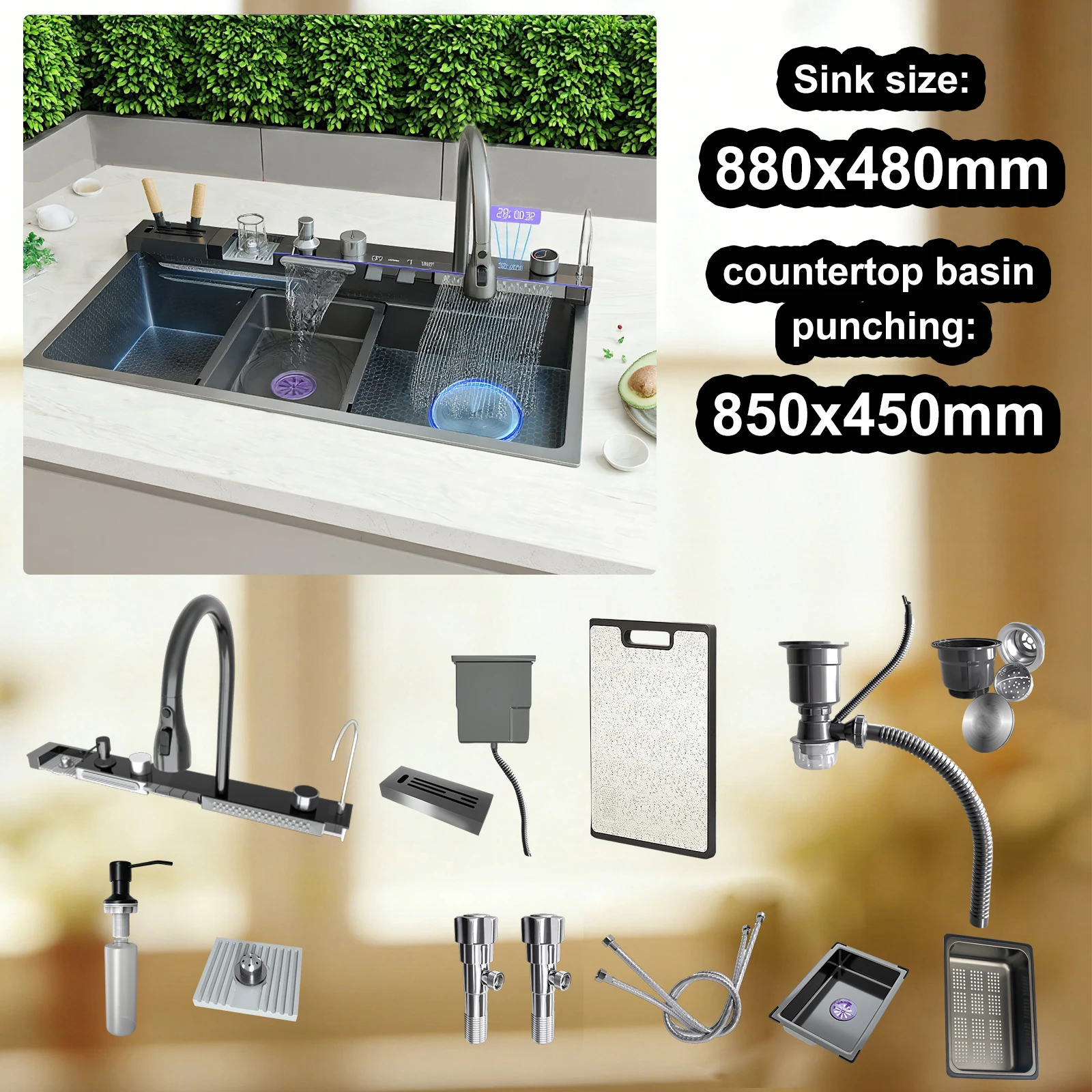 Multifunctionele keukenkranen Nieuwe RVS watervalkeukenkraan Geëmbosseerd digitaal display Grote enkele spoelbak EU magazijn