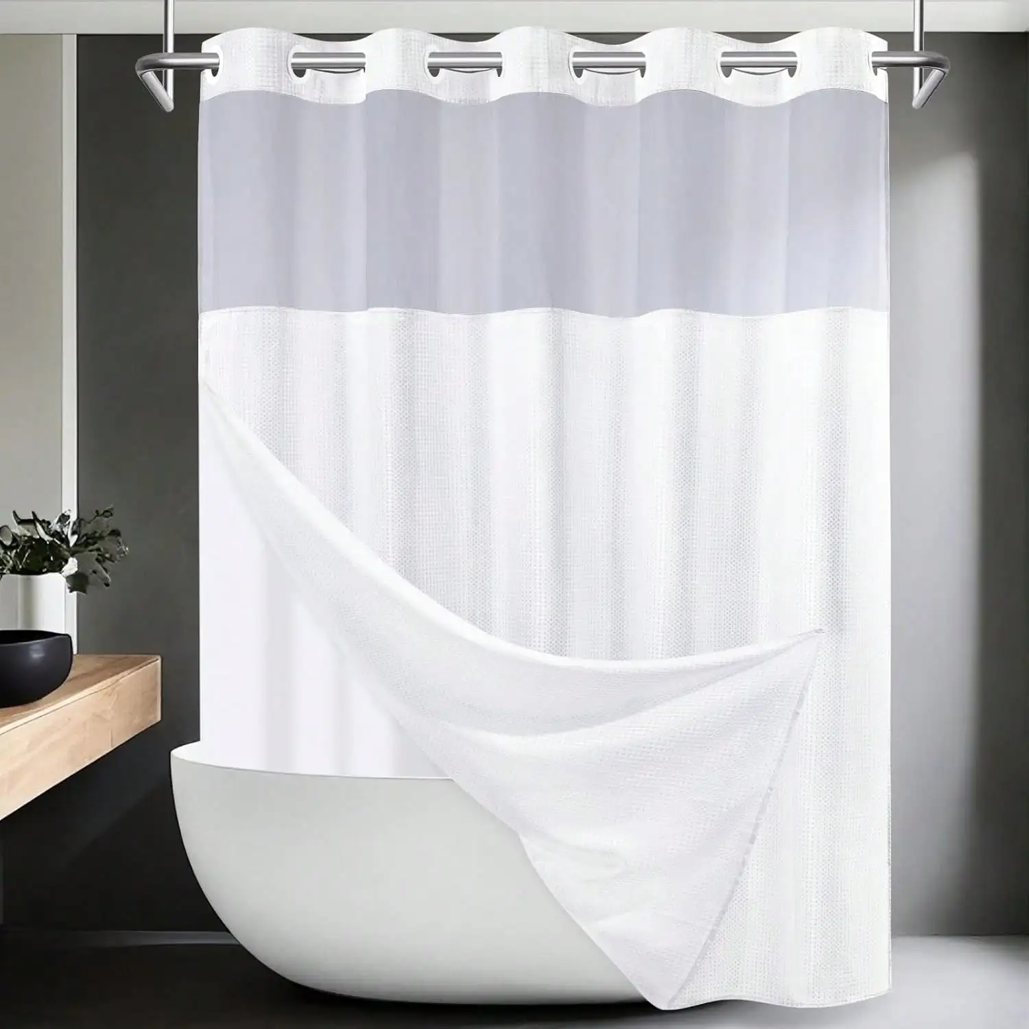 

Flower Shower Curtain With Snap In Liner, Watercolor Floral Cloth Bath Curtain, No Hook Shower Curtains With Mesh Top Window, Fabric Waterproof Bathroom Curtains Set, Grey Bathroom Decor