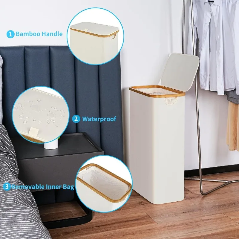 75L Slim Foldable Laundry Hamper with Bamboo Lid 4cm Flat Storage Side Towel Bar Bathroom Gap Laundry Room Home Organizers