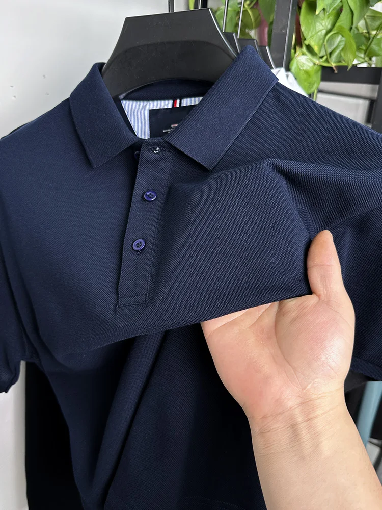 High quality 100% cotton T-shirt men\'s POLO shirt summer solid color lapel high-end business casual ice silk short sleeved top