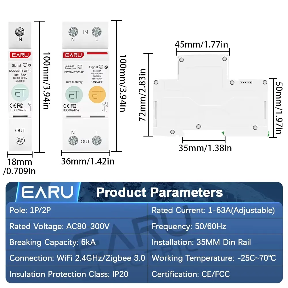 1P 2P 1-63A Tuya WiFi ZigBee Smart Switch Energy Meter Circuit Breaker kWh Voltage Current Leakage Protection Remote Control