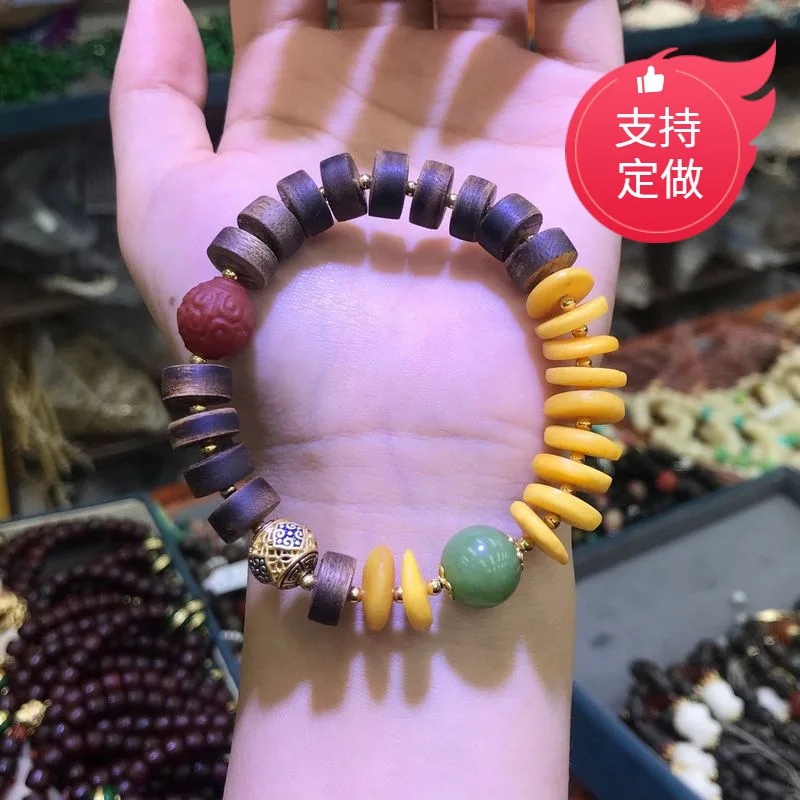 Amber Beeswax Discs Chinese Style Bracelet Agarwood Agate Beaded Jewelry for Women Gifts