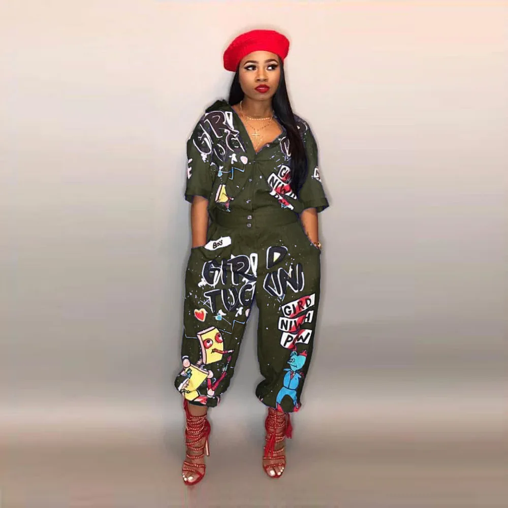 APIPEE Sexy Letter Print Flared Leg Jumpsuit Outfits Women Y2K Button Up Short Sleeve Jumpsuit 2024 Summer Streetwear Wholesale