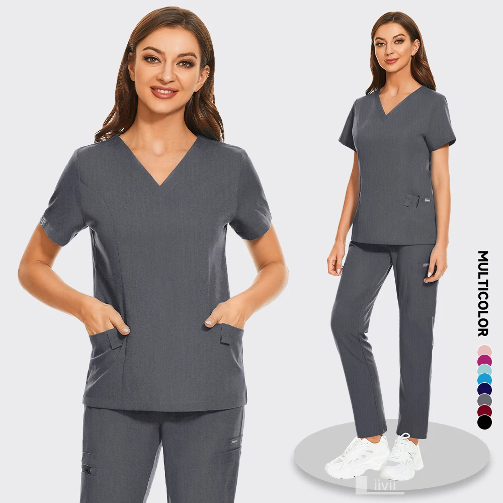 Infermiera uniforme medica Unisex Scrub tasca superiore pantaloni dritti donna uniforme infermiera uniforme clinica scollo a v camicia pantaloni Set da lavoro