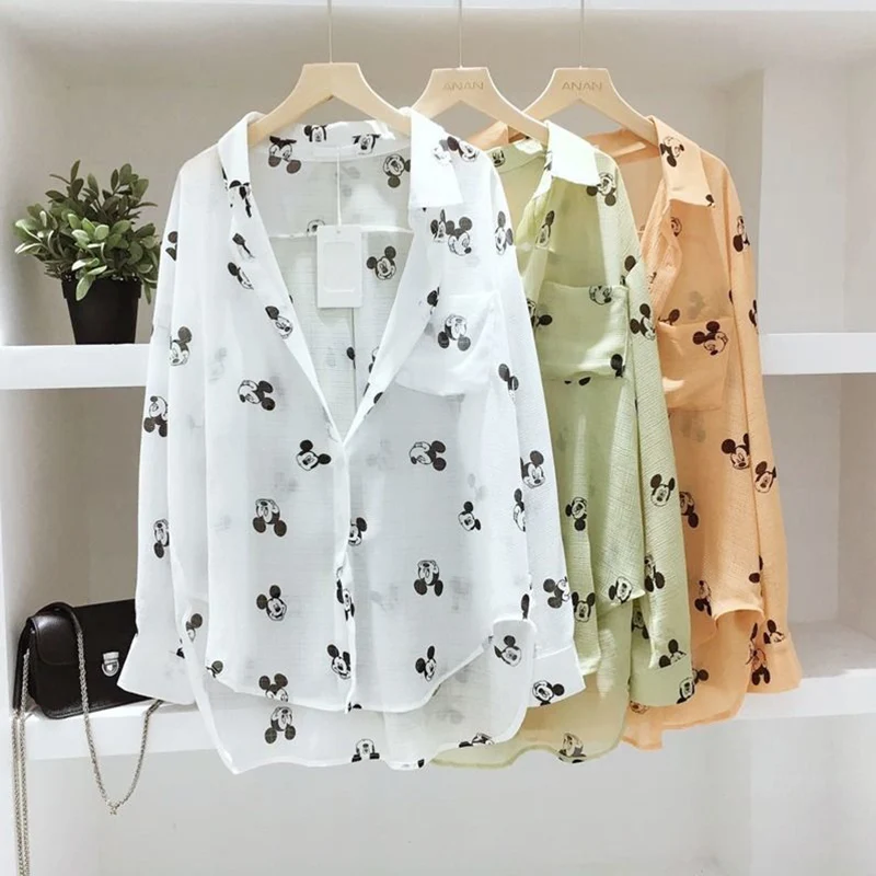 Women Spring Summer Style Transparent Chiffon Blouses Shirts Lady Casual Long Sleeve See Through Anti-sunshine Blusas Top