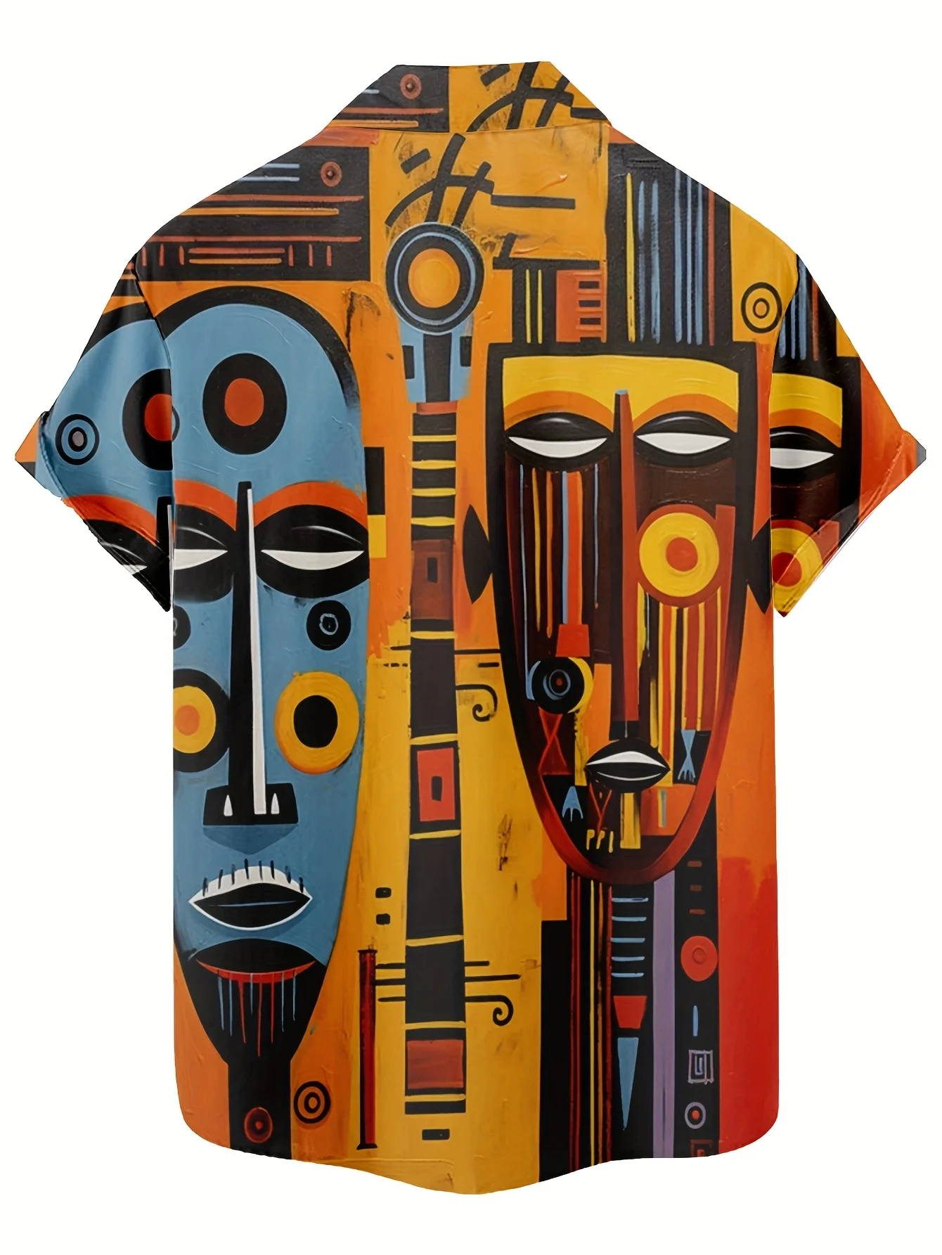 Men Short Sleeve Shirt African Tribal Mask Geometric Print Turn‑Down Collar Hawaiian Vacation Casual Tops