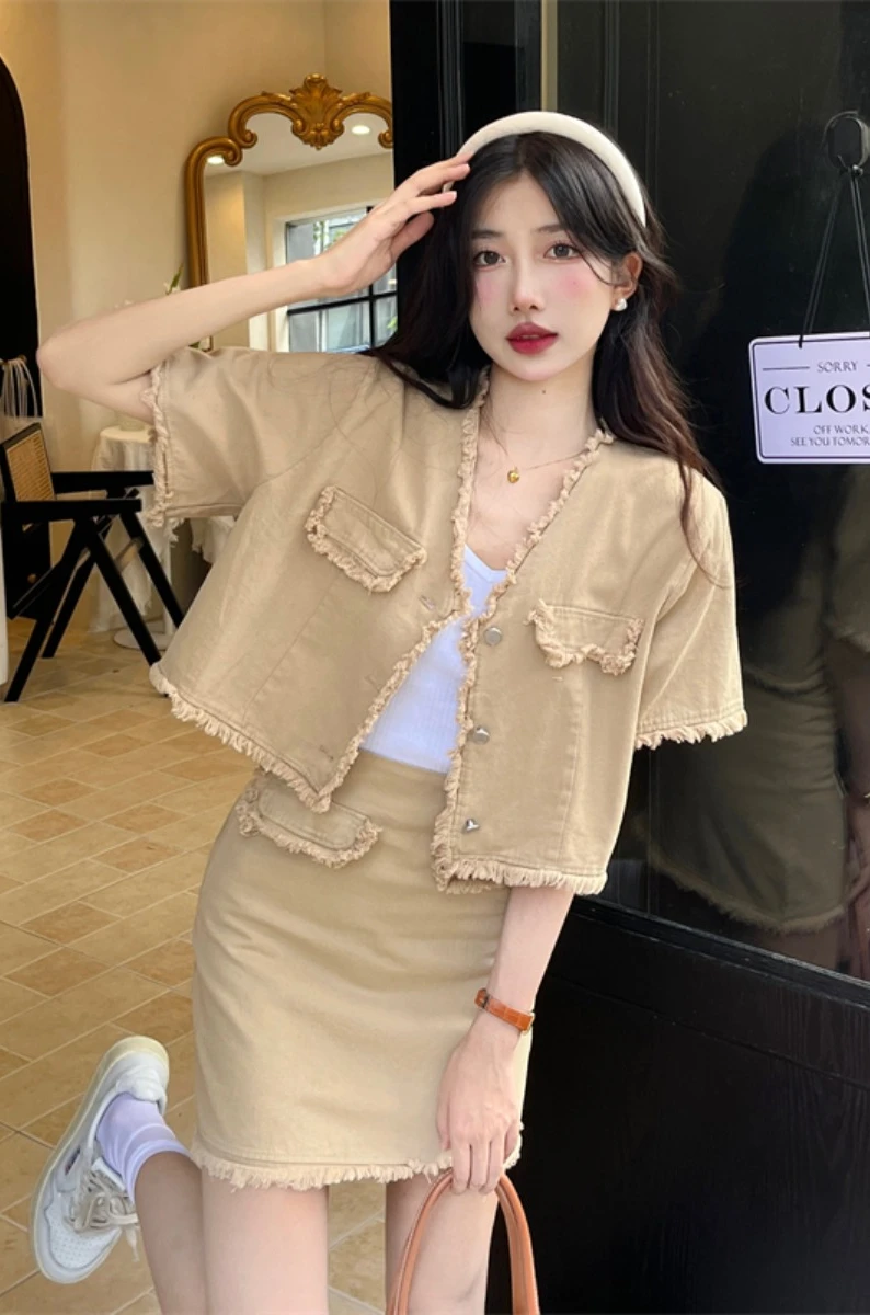 Short 2 Pieces Skirt Sets For Women Formal Event Y2k Street Wear Elegant Sleeve Casual Occasion Korea Mini Woman Outfit