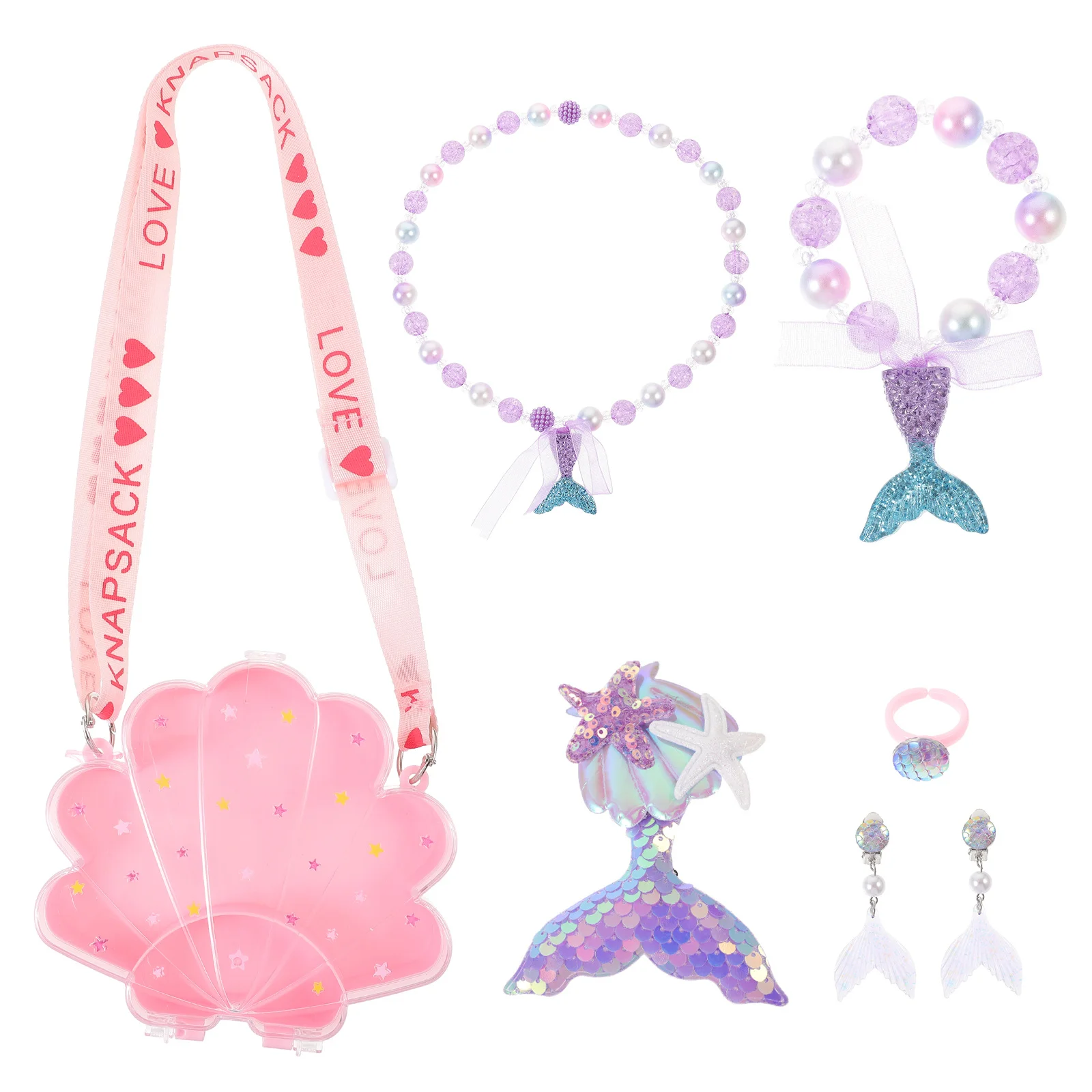 

1Set Kids Plastic Jewelry Set Mermaid Themed Necklace Bracelet Earrings Rings Hair Clips Safe Durable Exquisite Workmanship