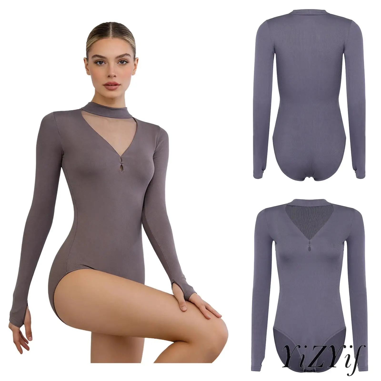 

Elegant Women Latin Salsa Dance Costume Long Sleeves Buttoned Crotch Stretchy Tango Gymnastics Practical Dance Leotard Jumpsuit
