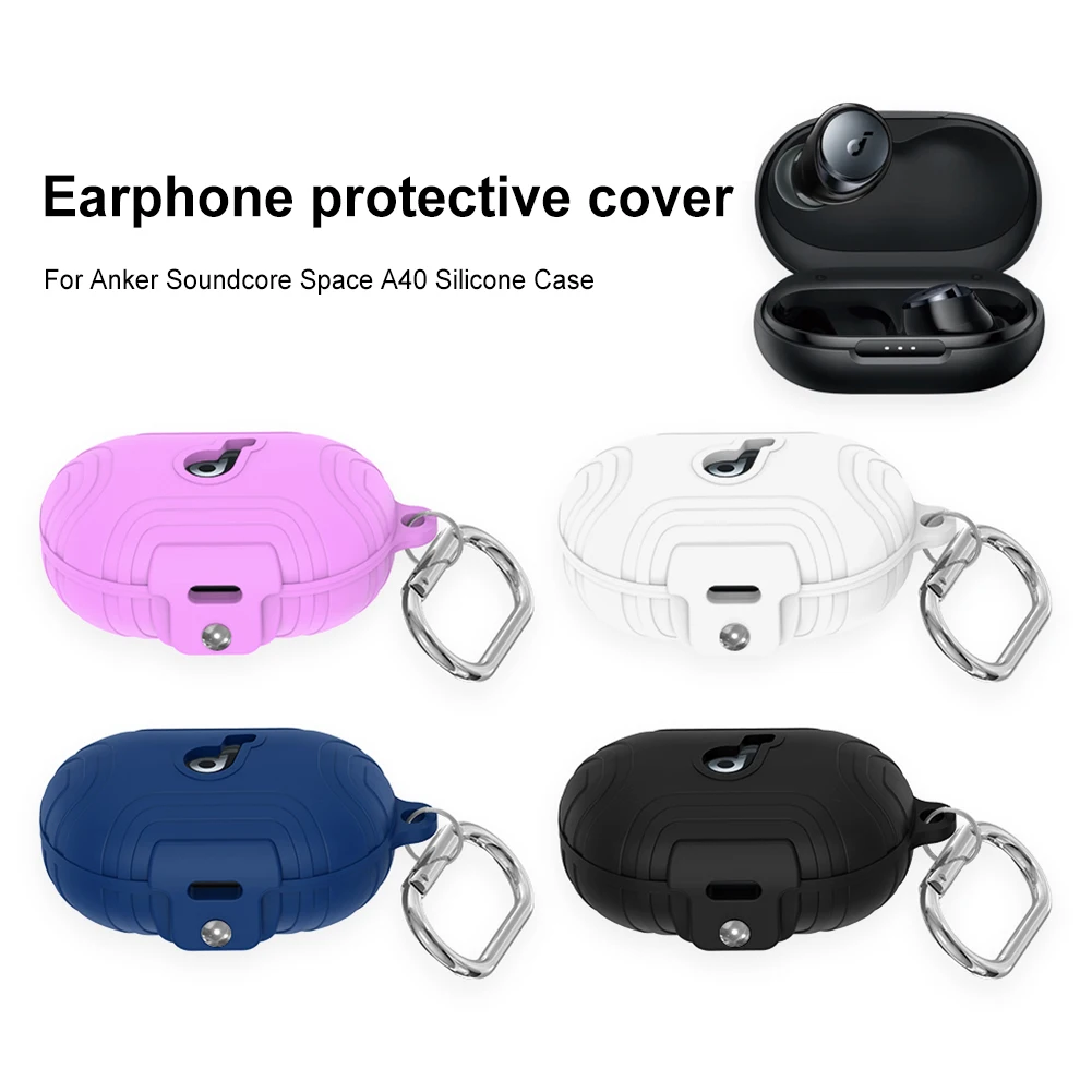 Shockproof Silicone Wireless Earphone Case Earphone Shell with Carabiner Anti-scratch for Anker Soundcore Space A40 Charging Box