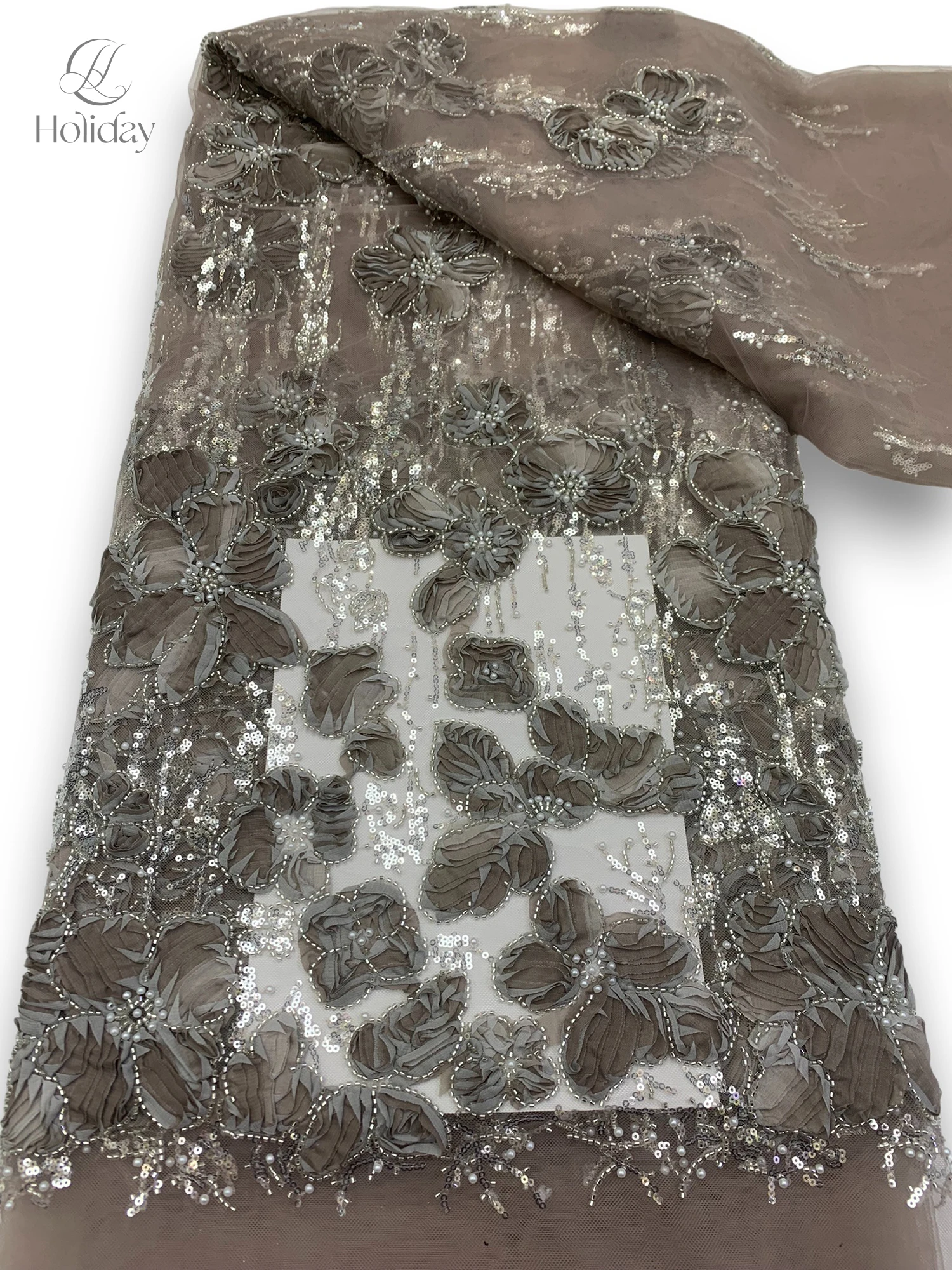 

3D Flower Sequins Lace Fabric, Floral Beaded Tulle Net Ribbon for Bridal Gown, Dress Making, DIY Craft Supplies 2025 New