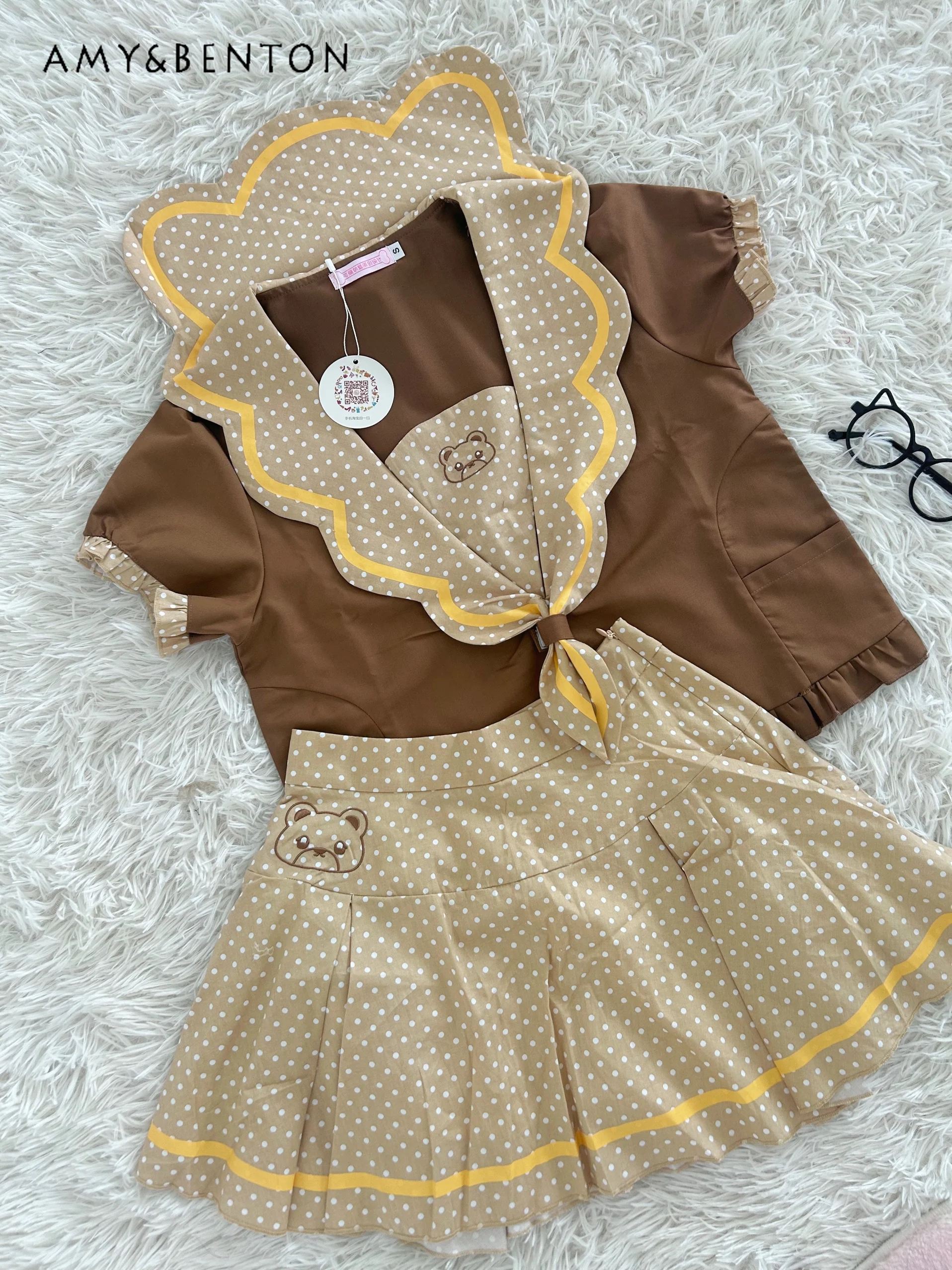 

Japanese Cute Cartoon Print Jk Uniform Suit Polka Dot Navy Collar Short-sleeved Shirt High Waist Mini Skirt Two-piece Set Women