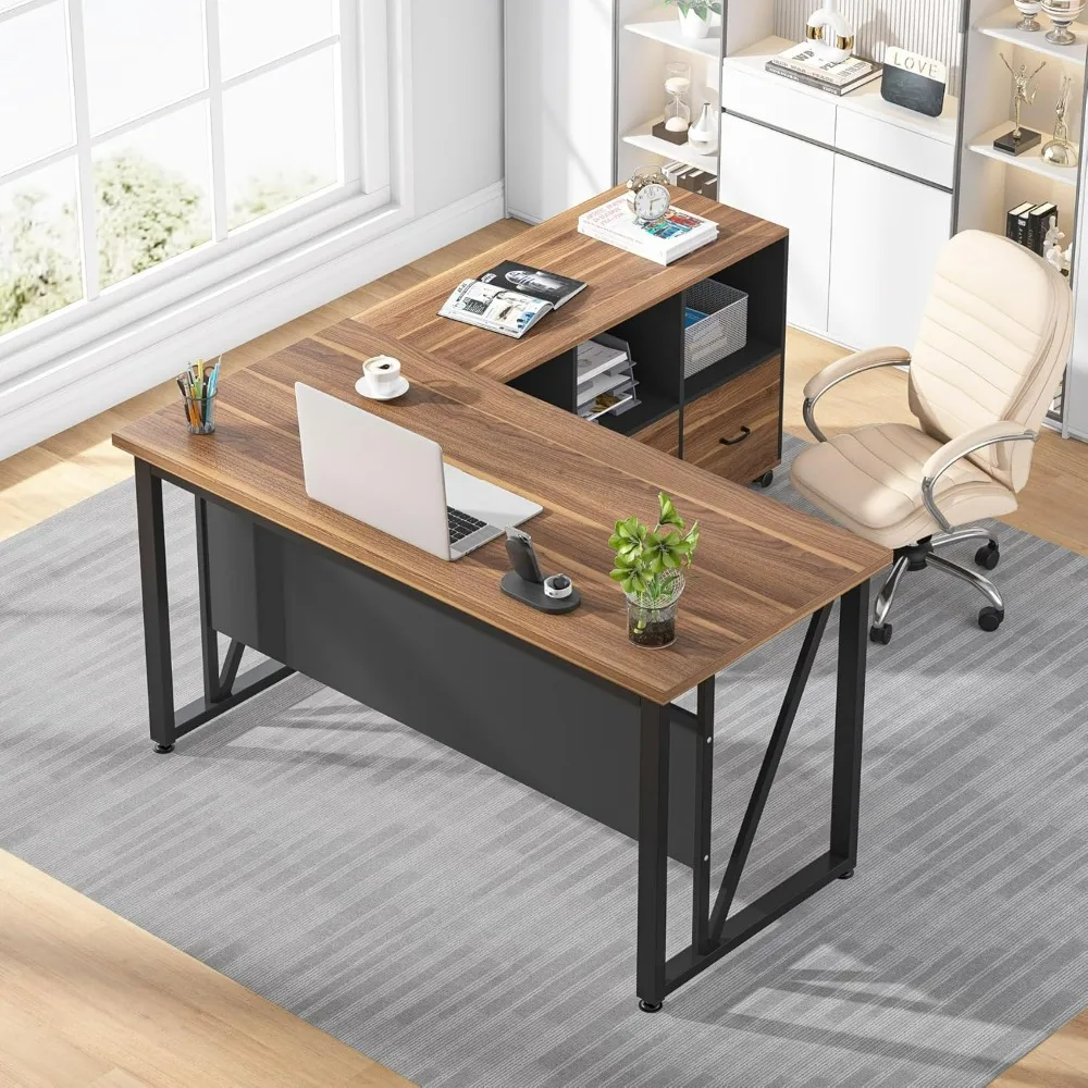 

55 Inch Executive Computer Desk with 43-Inch Lateral File Cabinet, Large Workstation with Drawers and Storage Shelves