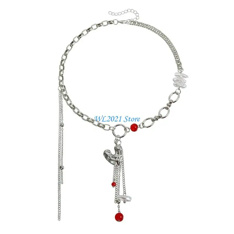 

G5GC Modern Irregular Heart Pendant Necklace Layering Tassels Accent Fashion Jewelry
