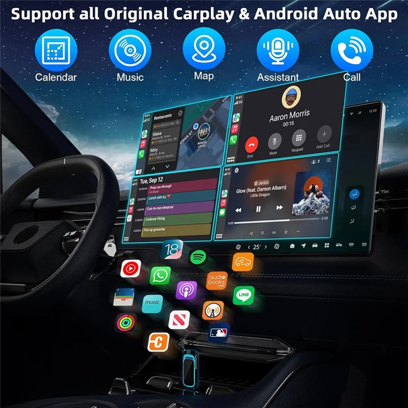 محول Carplay اللاسلكي ومحول Android Auto اللاسلكي مع الضوء المحيط، محول Carplay لـ IOS 10+ وAndroid 11+