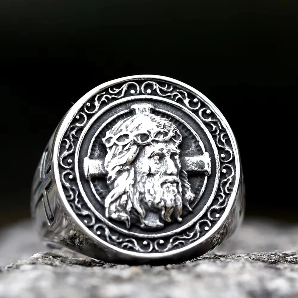 Huaya Men\'s Unique Temperament Lucky Creative Jesus Cross Rings Delicate Silver Color for Men Personality Accessories Trendy