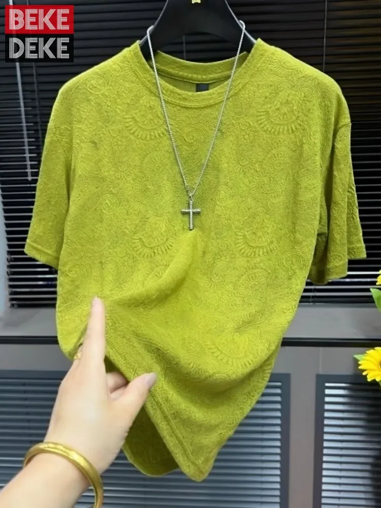

Mens Fashion Versatile Relief Jacquard Solid Color Loose Fit Breathable O Neck Pullover Short Sleeve Casual T-Shirts Streetwear