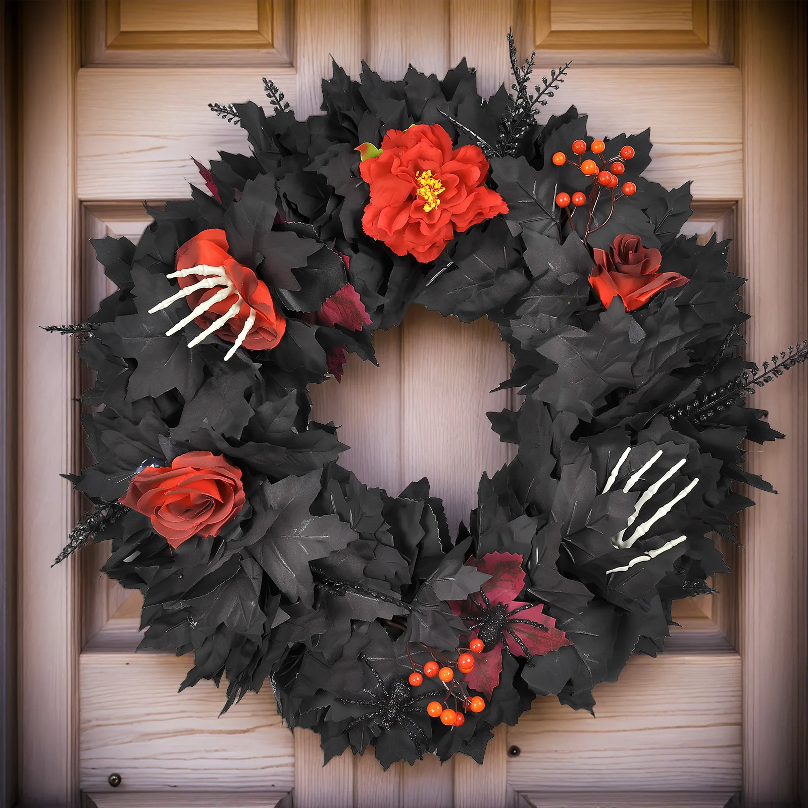 

Halloween Wreath for Front Door 20” Black Maple Leaves Wreath with Skeleton Wall Window Halloween Decoration Home Decor