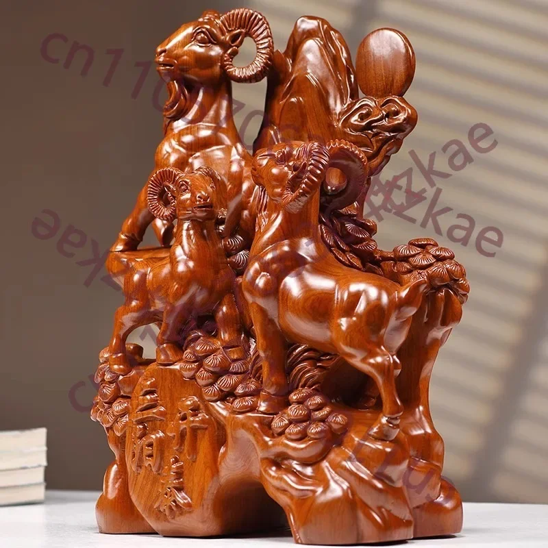 Rosewood Carved Three Rams Bringing Prosperity Statue - Hand Carved Chinese Zodiac Figurine, Office Decor
