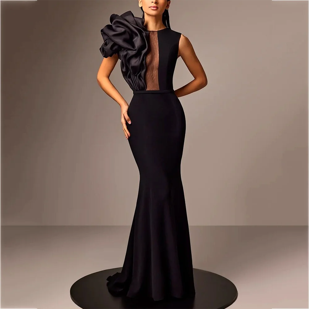 

Черное вечернее платье с круглым вырезом, плиссированное платье русалки без рукавов для женщин, длиной до пола, высокое качество, платье для выпускного вечера знаменитостей по индивидуальному заказу
