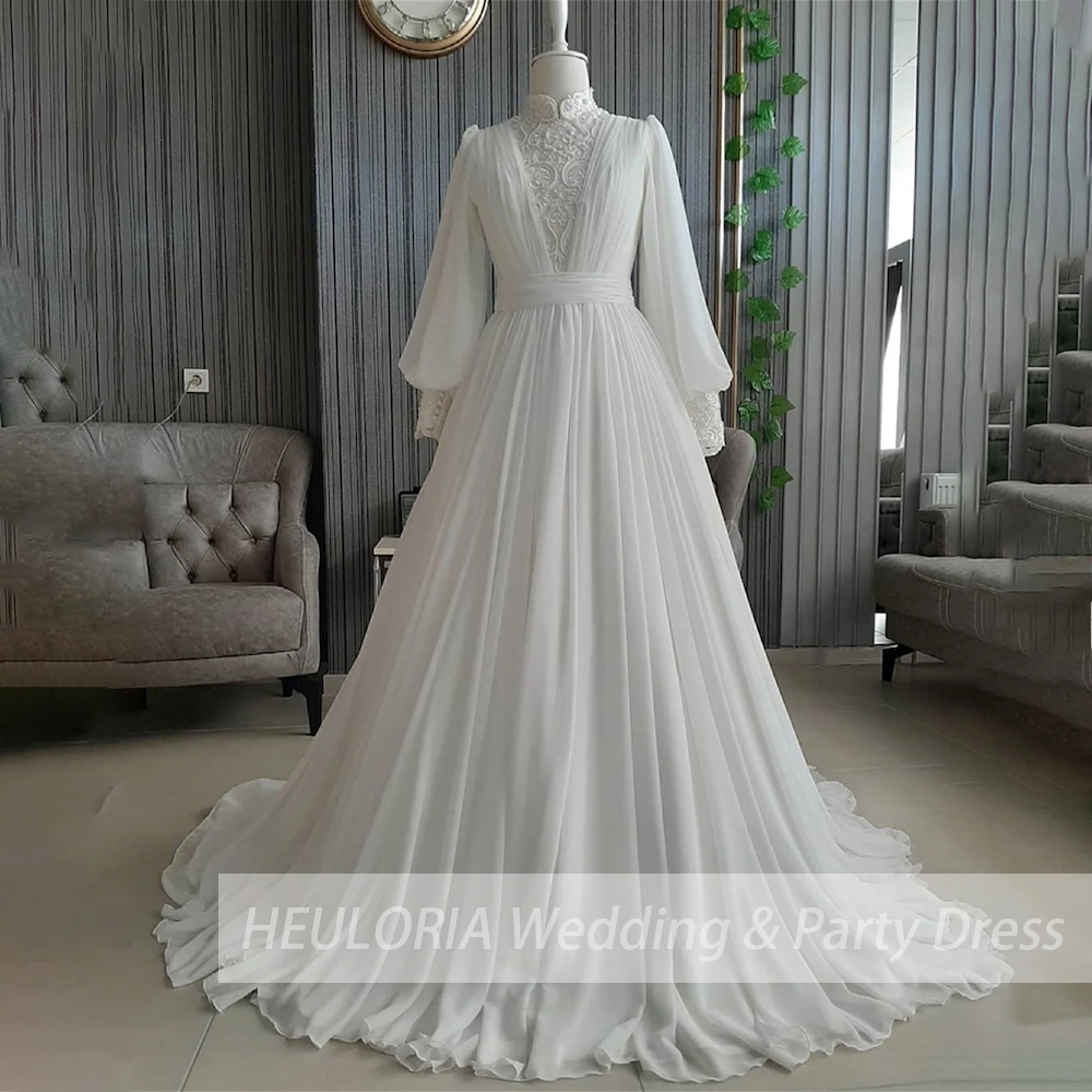 elegant heavy lace beading Muslim Wedding Dress long sleeve high neck chiffon bride dress plus size bride Wedding Gown