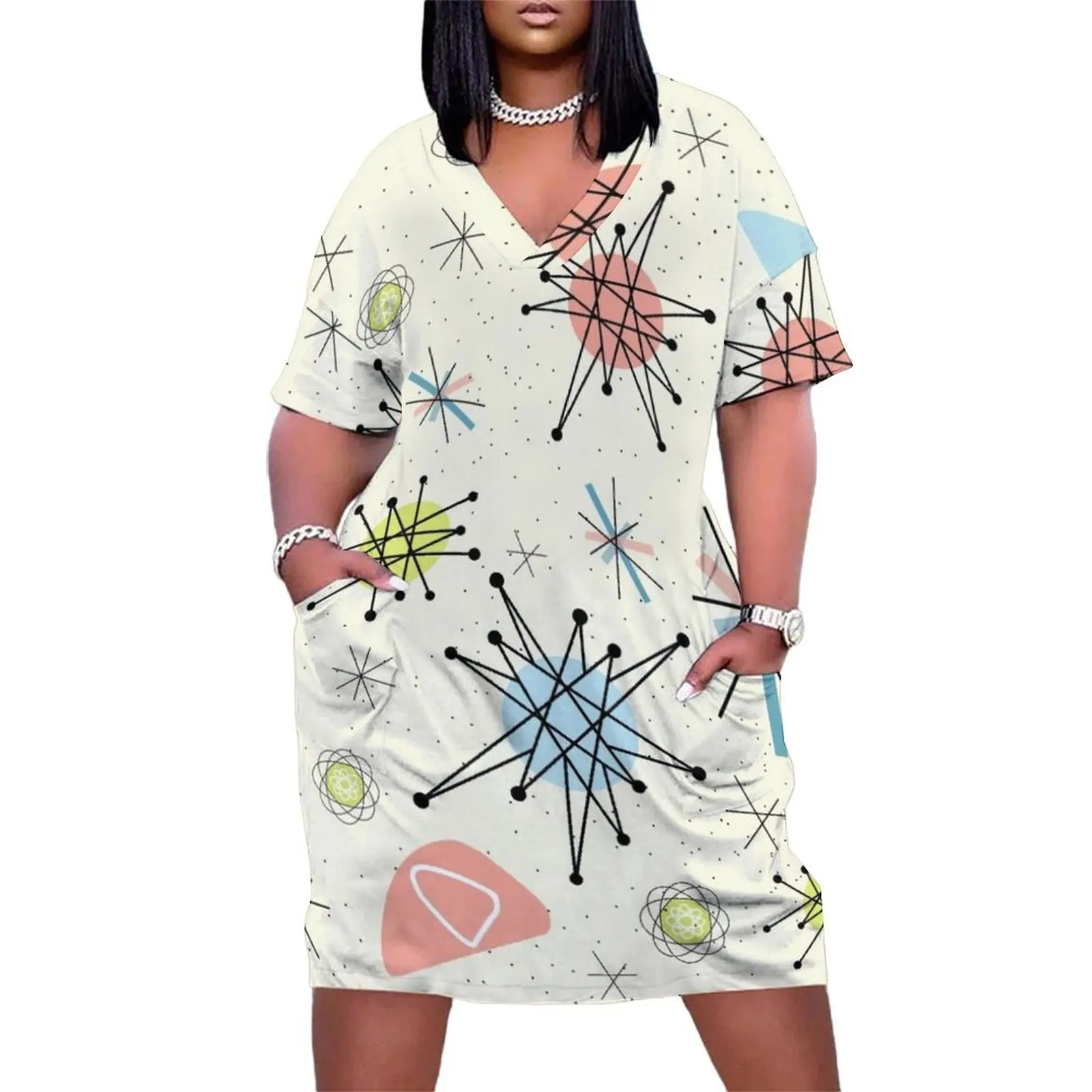 

1950s Atomic Pattern Loose Pocket Dress women's evening dress 2025 Women long dress