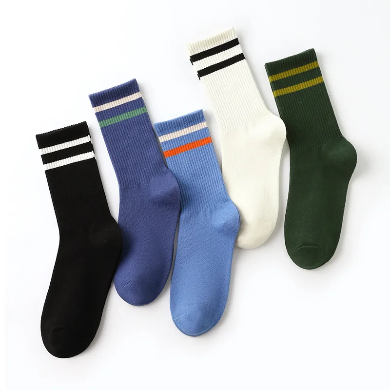 Pure color horizontal bar sports tube socks three yarn texture men and women simple cotton socks couple socks