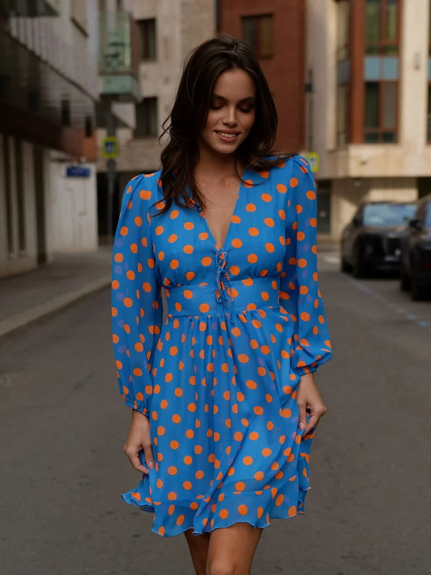 

Marthaqiqi Printing Women Sleepwear Sexy V-Neck Nightwear Long Sleeve Nightgown Lace Up Nightie Mini Dress Casual Ladies Pajamas