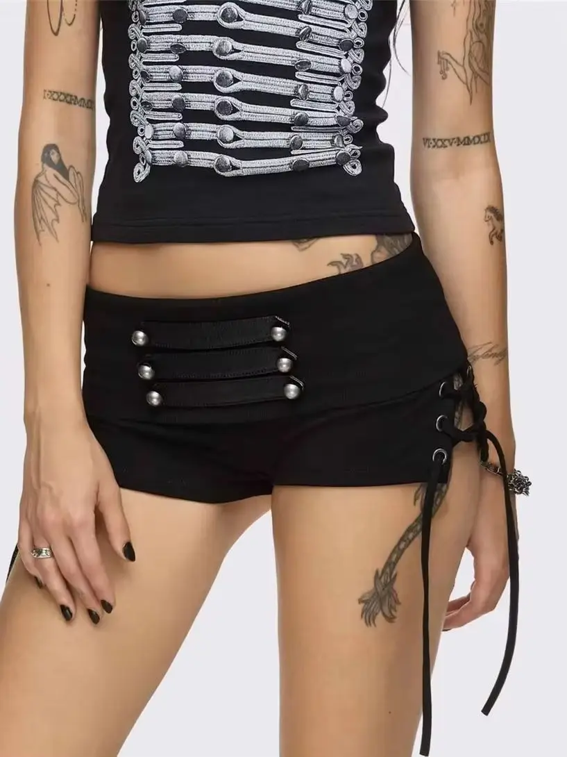 Nibber Patchwork Shirring Short Damen High Street Hottie Trend Nieten Metall Hohl Skinny Sexy Hottie Midnight Club Party Outfits – Detail 2