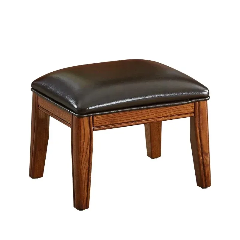 

American all solid wood leather low stool coffee table square stool European shoe changing stool ottoman living room house