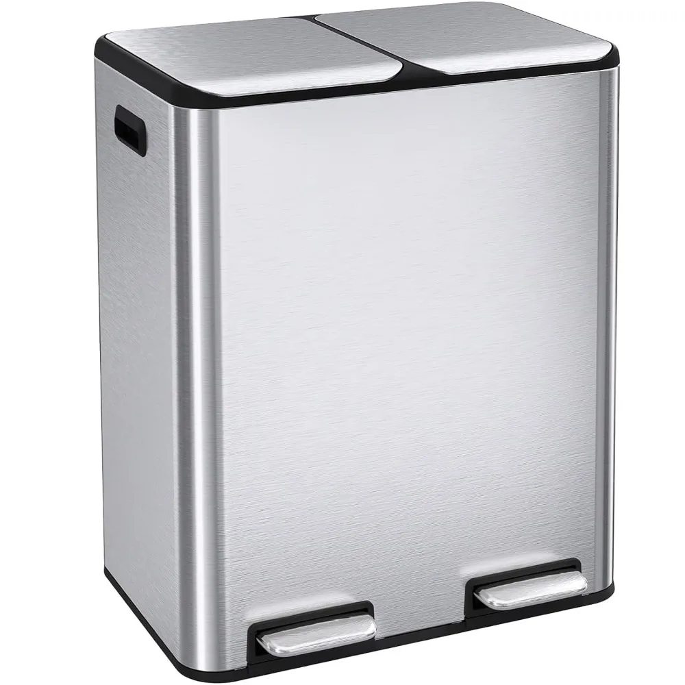 

16 Gal (2 x 30 L) Dual Trash Can, Stainless Steel Kitchen Garbage Bin, Recycle Dustbin with Odor Control Box, Soft-Close Lid, In