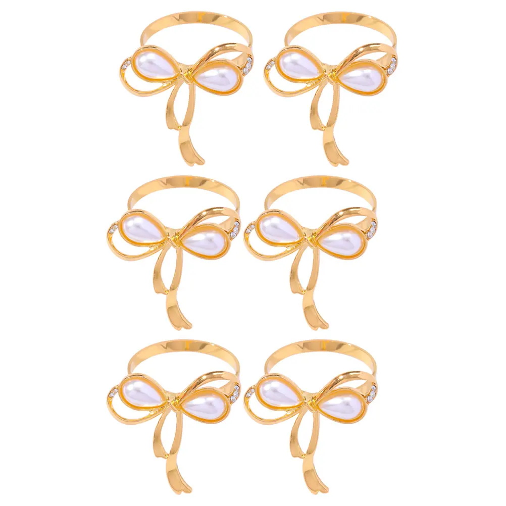 

6 Pcs Bow Napkin Rings Buckles Rings Bow Shape Elegant Table Decor Dining Room Accessories Pearls Bowknot Premium Material
