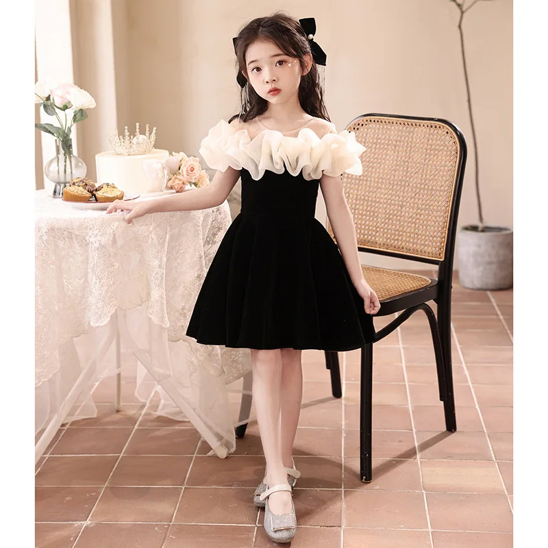 French black thousand gold style girl dress Birthday princess dress children's high-end host piano performance costume