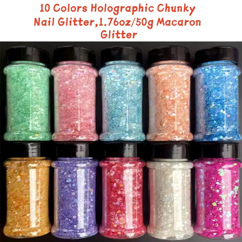 

1 set of 10 Colors Holographic Chunky Nail Glitter,1.76oz/50g Macaron Chunky Glitter for Nail Glitter Sequin Decoration