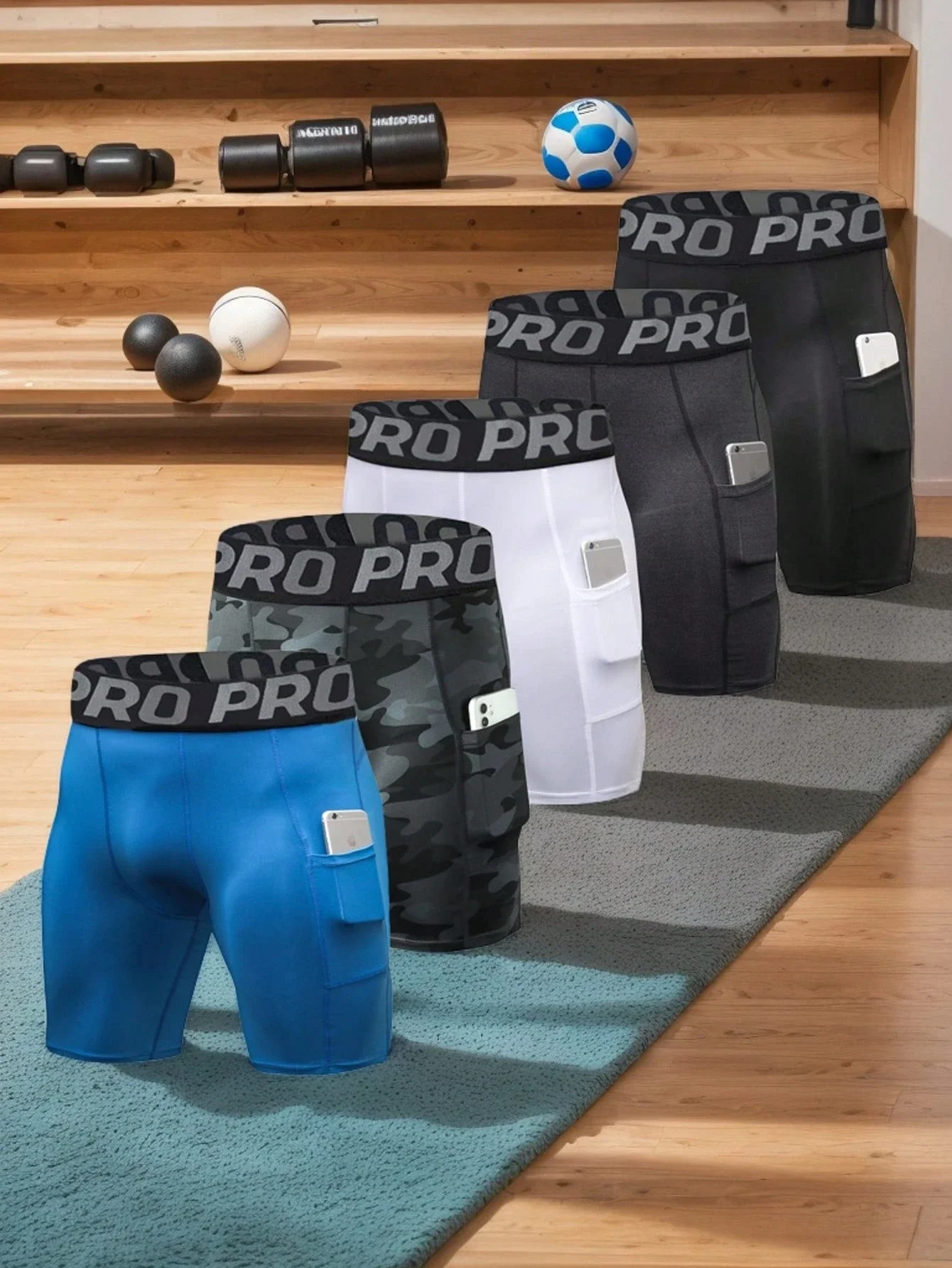 

Набор из 5 мужских быстросохнущих компрессионных шорт с боковыми карманами, спортивное нижнее белье из спандекса для бега, тренажерного зала и занятий спортом