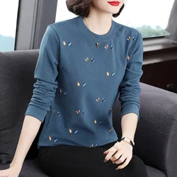 New Autumn Winter Velvet Base Layer Top Slimming Women's Leaf Print T-shirt Warm Long Sleeve Female Blouses Shirt