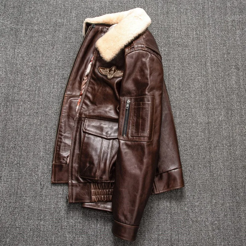 Camada superior de cera de óleo couro bison para homens lapela plus size com casaco de algodão