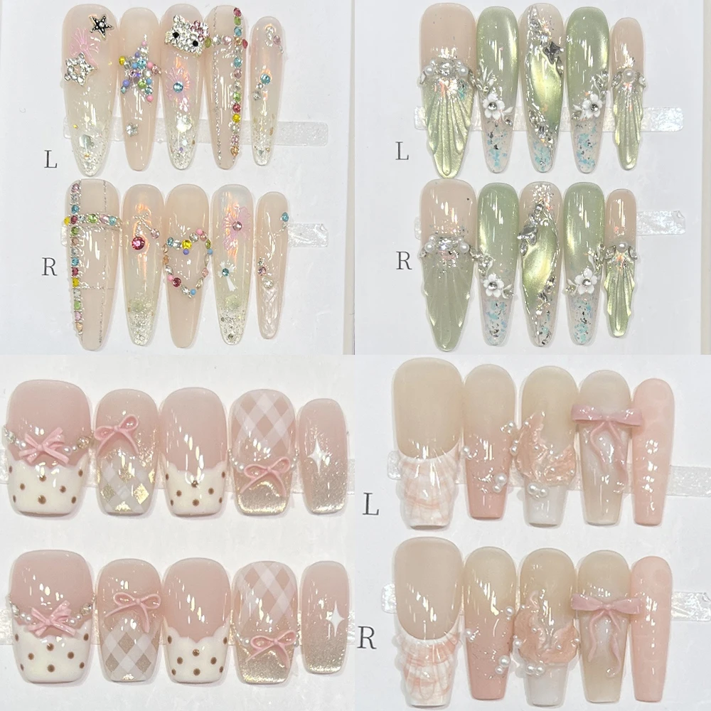 

Fashion Glitter Cat Eyes Diamond Gradients Full Cover Nail Flowers Pearl Bowknot Long Stiletto Ellipse Reusable Fake Nail