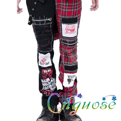 Mens Kill Matt Punk Rock style Japanese Red Grid hole Skull Pattern Plaid Stitching  Pants Streetwear neutral Womens 2023