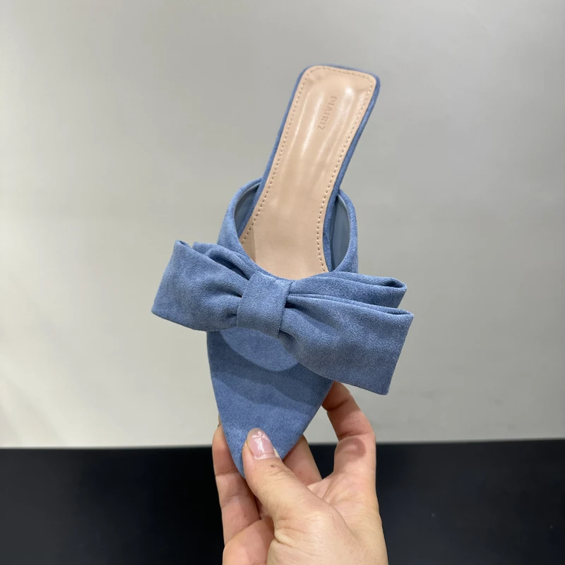 SUOJIALUN 2025 الصيف العلامة التجارية الجديدة شبشب نسائي موضة كبيرة القوس عقدة السيدات أنيقة الشرائح رقيقة كعب منخفض في الهواء الطلق عطلة صندل #4