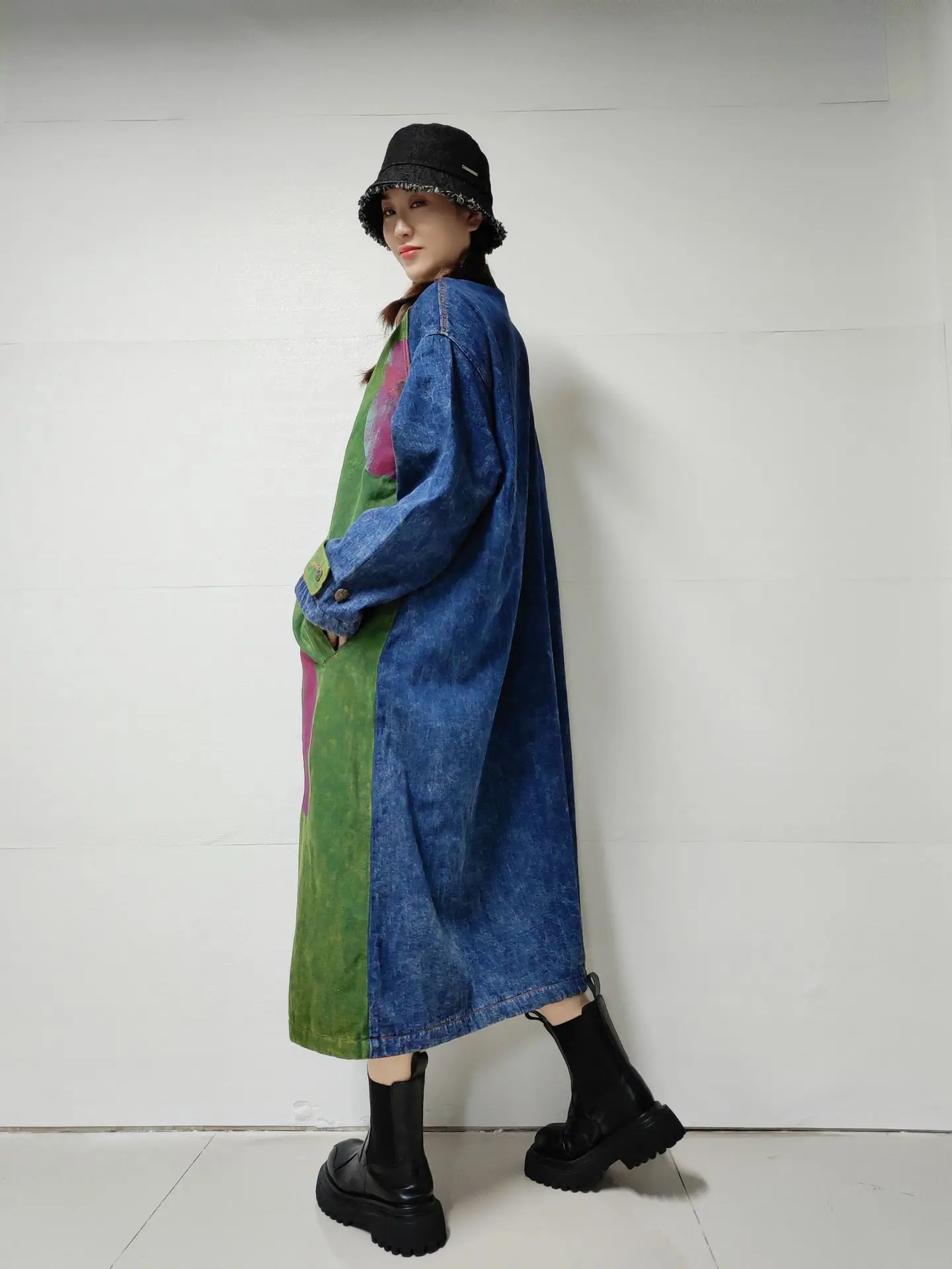 Denim Printed Fleece Trench Women Buttons Loose Winter High Street Clothing Harajuku Patchwork Contrast Color Warm Windbreakers