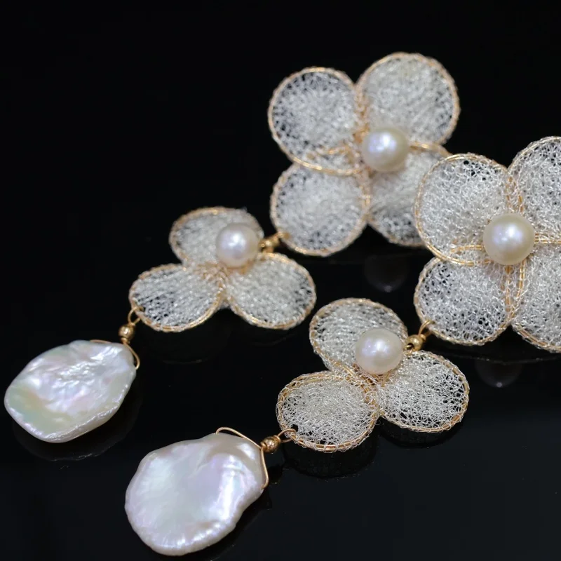 

SGARIT Flower Pendant Earrings Natural Fresh Water 14k Filled Gold Pearl Earrings Women's Exquisite Gift SE100