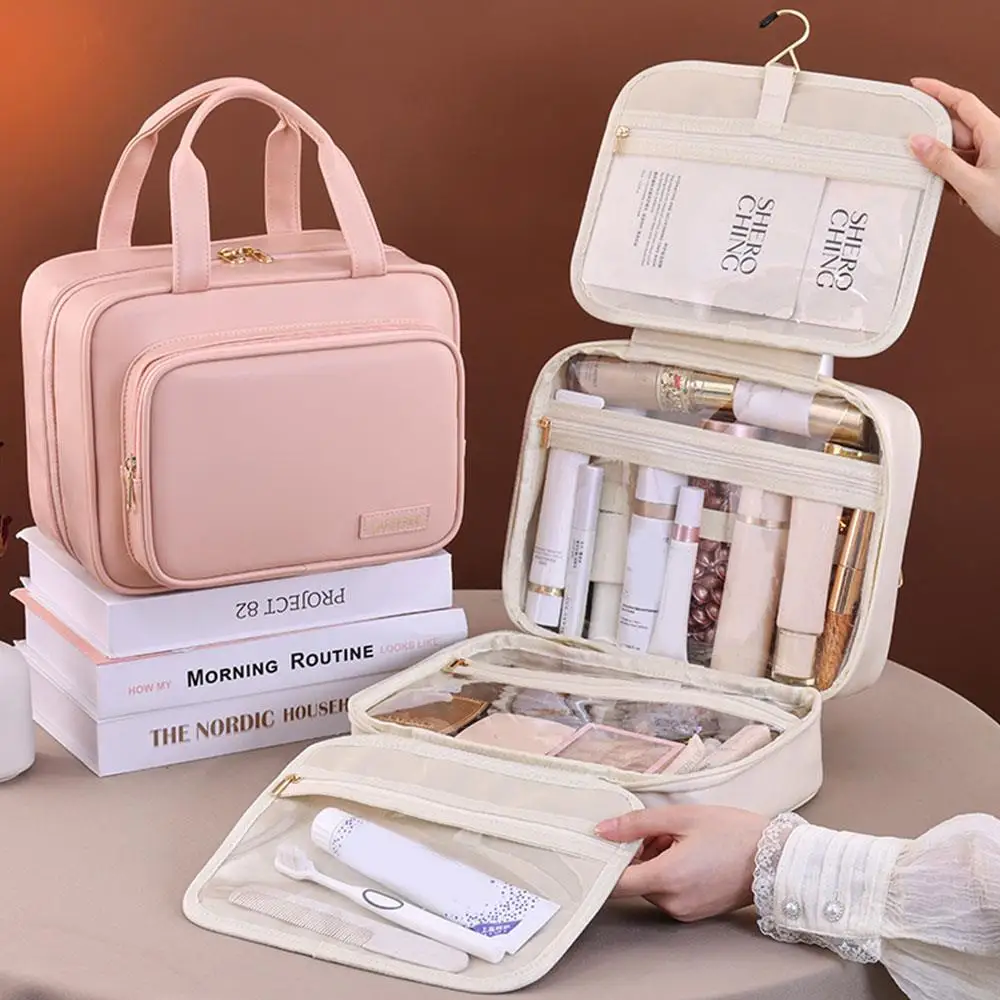 Travel Toiletry Storage Bag Portable Toiletry Bag Makeup Bag Hanging Cosmetic Pouch Multi-layer Large Capacity PU Organizer
