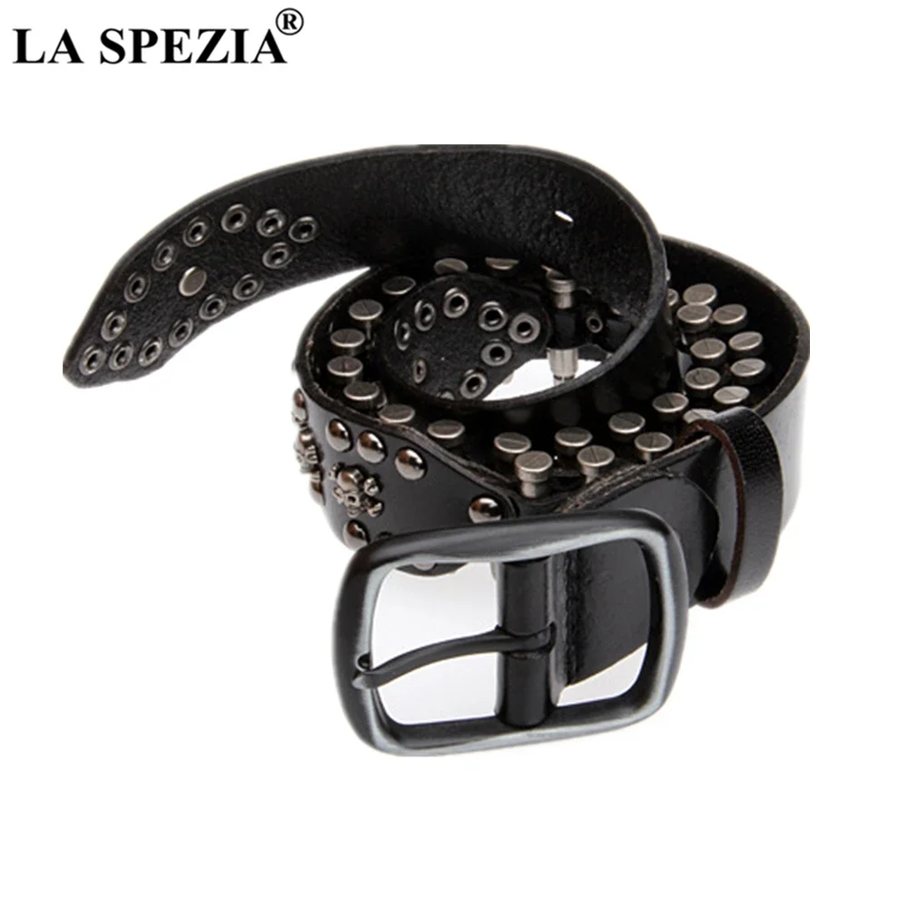 

LA SPEZIA Genuine Leather Metal Steampunk Belt Punk Rock Men Real Leather Belt Metal Rivet Black Novelty Male Belt Hip Hop