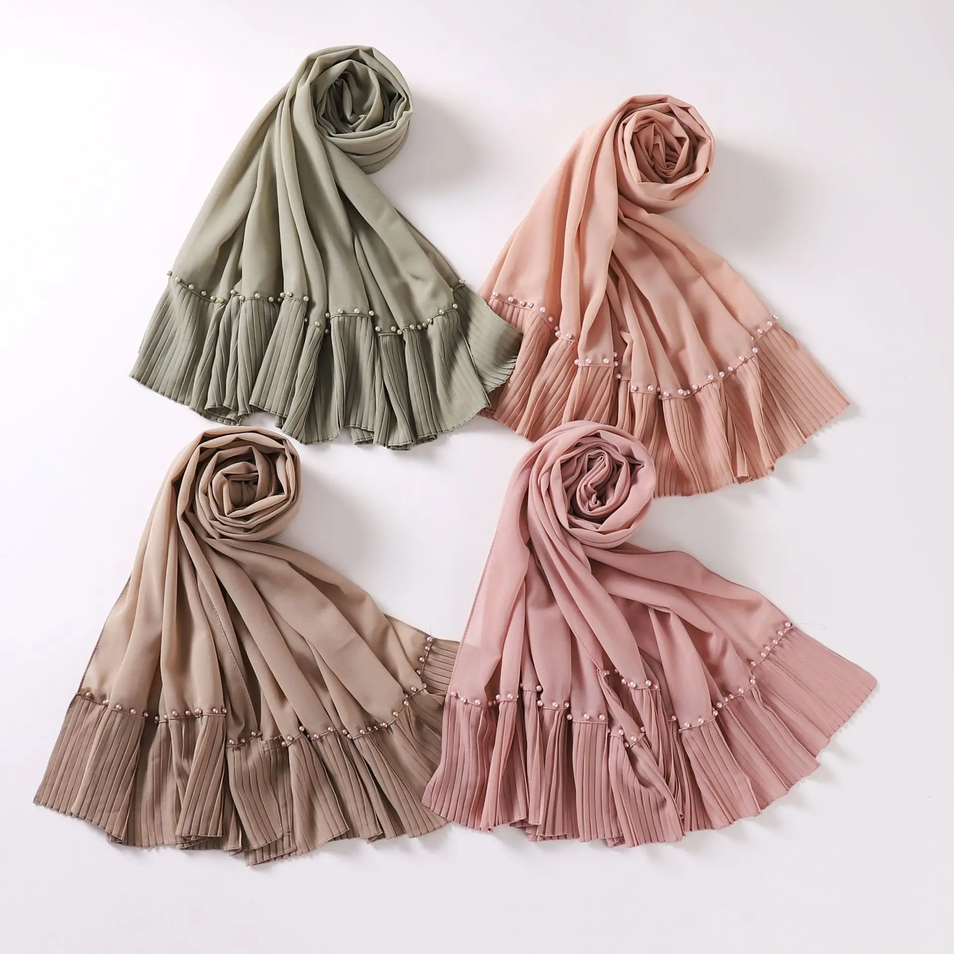 HUISHI New Head Scarf Headwraps For Women Fashion Pearl Chiffon Pleats Solid Color Malaysia Gauze Towel Bonnet Veil Muslin Hijab