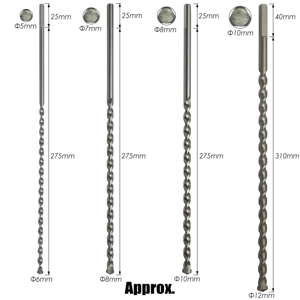 Set mata bor beton 6-12mm, untuk pengeboran palu listrik, mata bor kayu ubin karbida ekstra panjang 4 buah